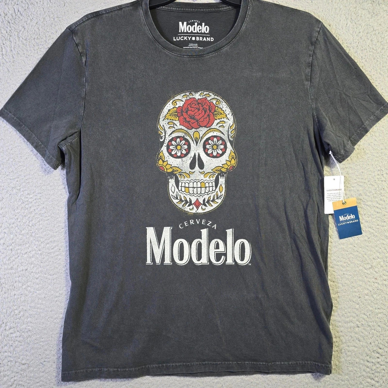 Lucky Brand Modelo Beer Shirt Mens Large Black Faded Cervesa Skull Casual NWT