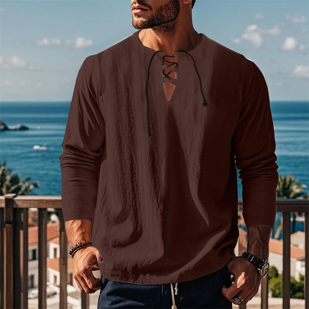 Men's Cotton Linen Long Sleeve T-Shirt Classic Casual Slim Laceup Shirts