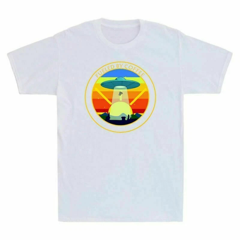 Fueled By Coffee Driven By Aliens Funny Alien UFO Space Design Men's Tee