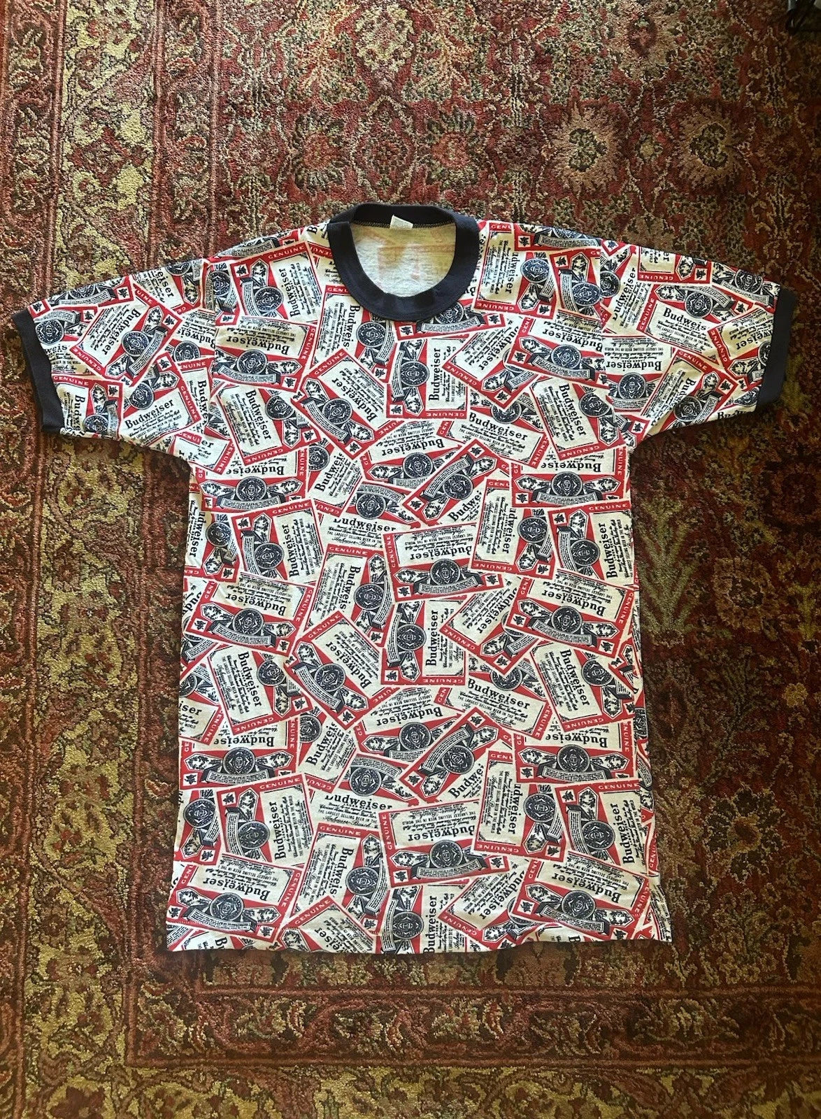 Vintage Budweiser All Over Print Ringer T Shirt Men’s Medium 70’s USA Beer Promo