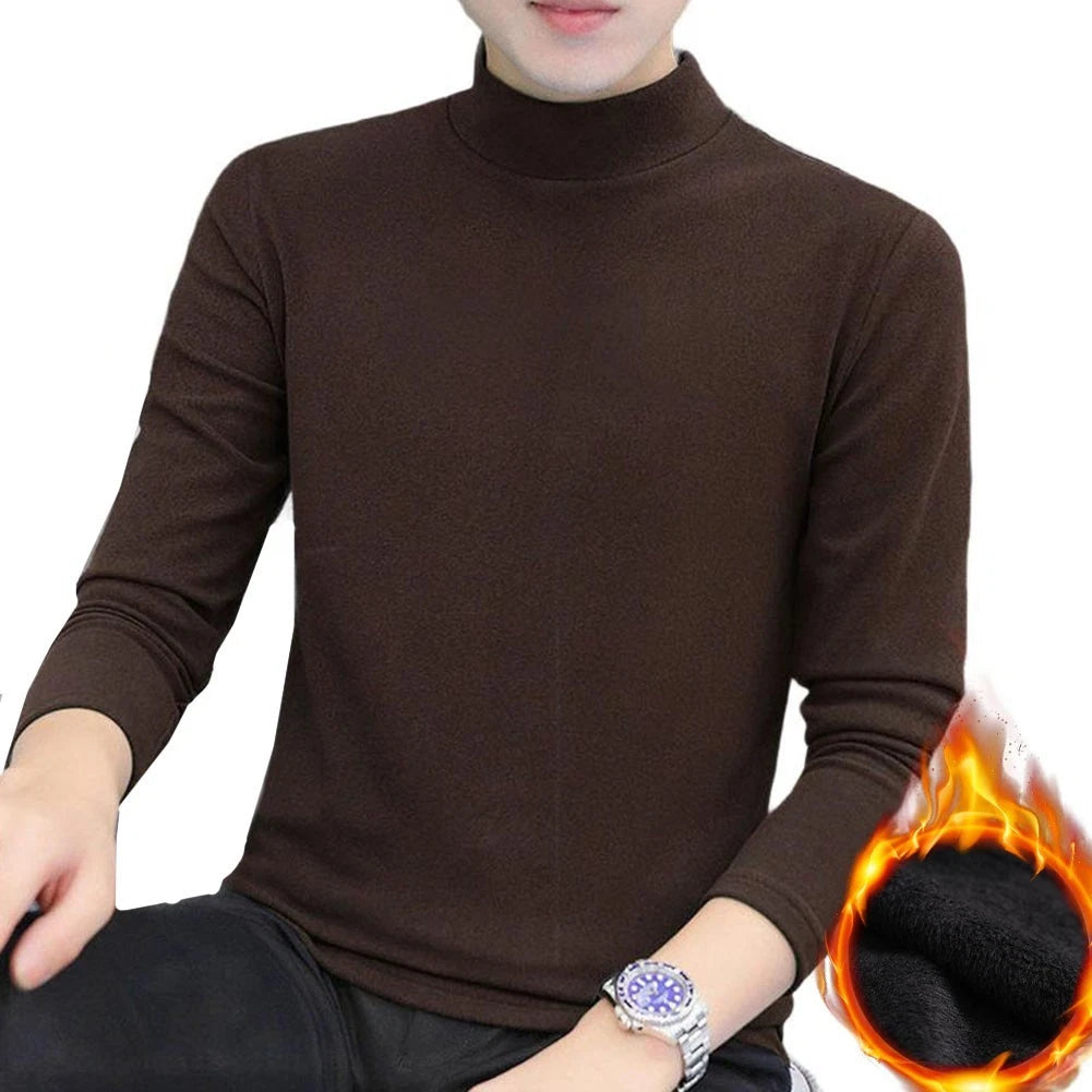 Mens Solid Color Thick Fleece Half High Neck Thermal Long Sleeve Underwear