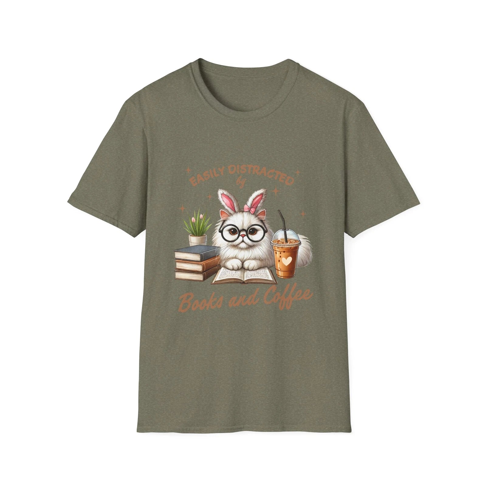 Easily Distracted by Books and Coffee Tee, Cat Lover Shirt, Bookworm Gift, Funny