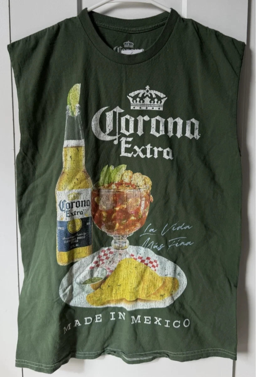 Corona Extra Graphic Sleeveless Cut Off Tee Men's Size Green Large