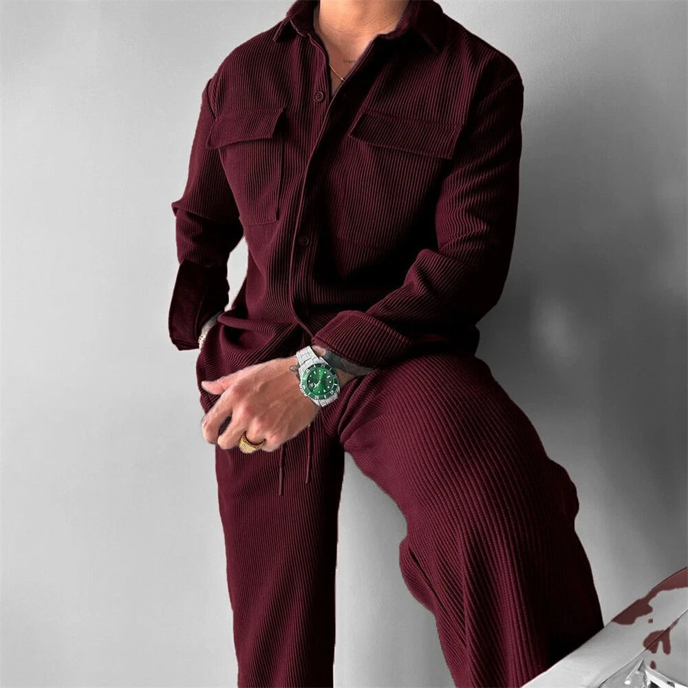 Men's Corduroy Shirt Casual Slim Shirts Long Sleeve Button Down Tops Blouse