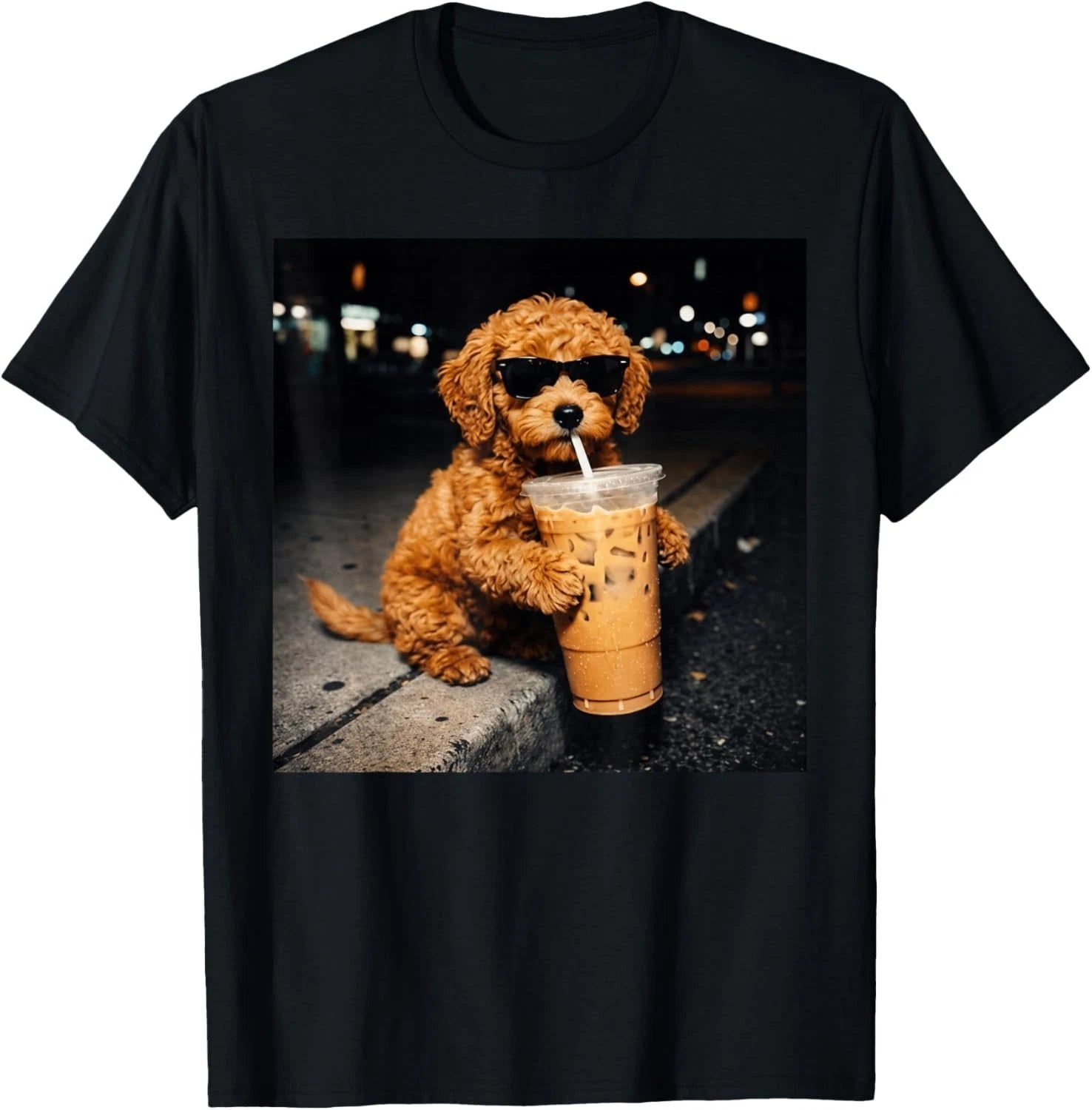 Funny Goldendoodle Drinking Iced Coffee Animal Meme Humor T-Shirt unisex T-Shirt