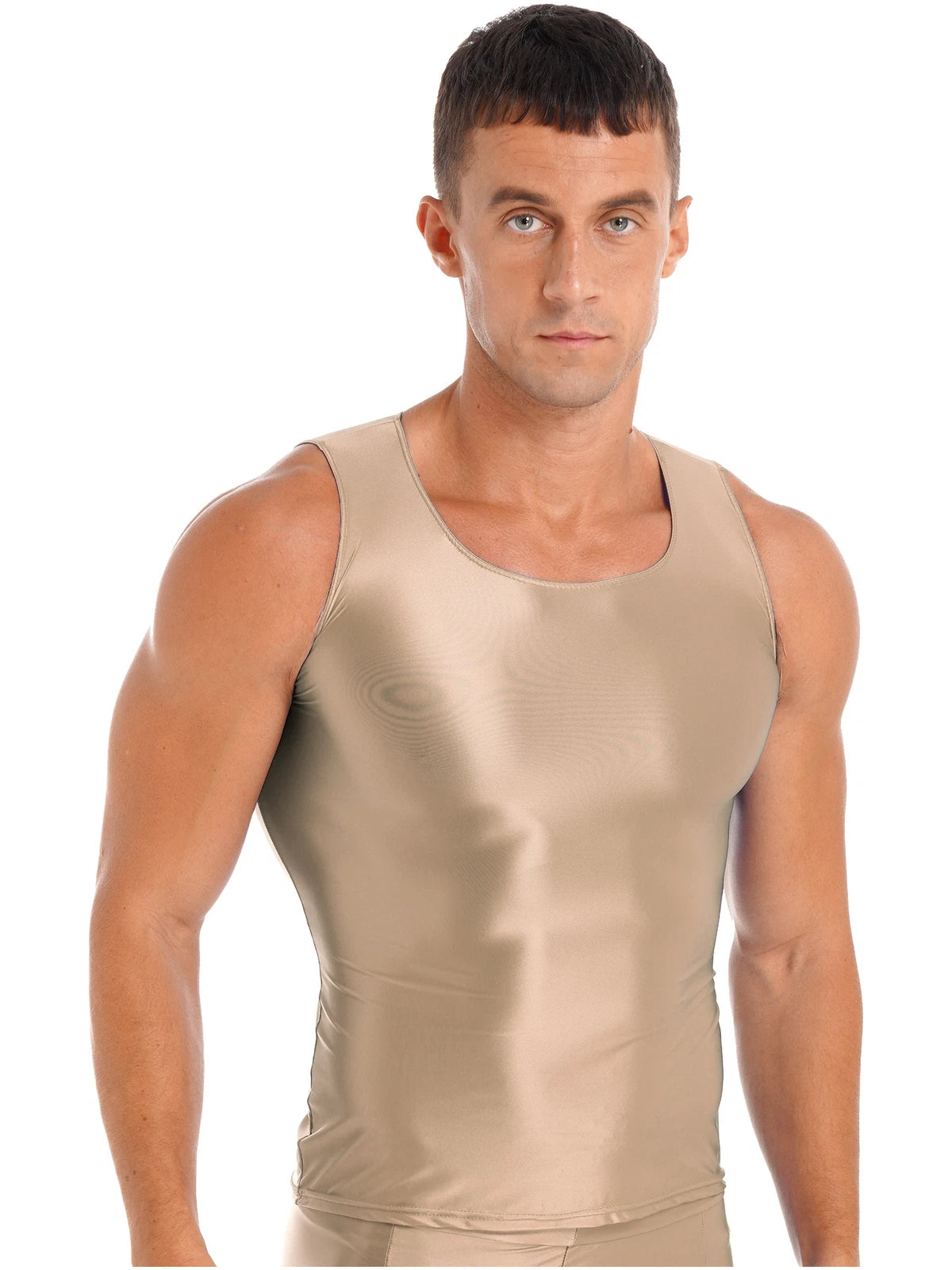 Mens Smooth Glossy Tank Top Vest Stretchy T-Shirts Fitness Training Sportswear