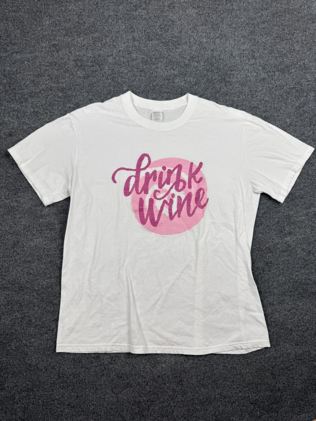 Drink Wine Graphic T-Shirt White Unisex Size L 100% Cotton