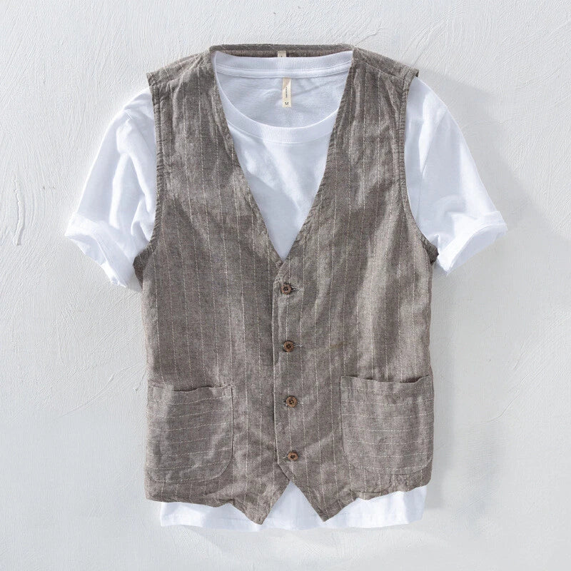 Men Cotton Linen Retro Vest Striped Waistcoats Retro Tank Tops Casual Slim Tops