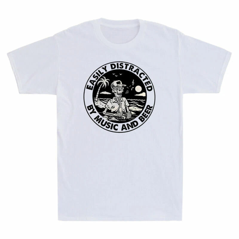 T-Shirt Easily Distracted Men's DJ Skeleton Music Funny And White Retro By Beer