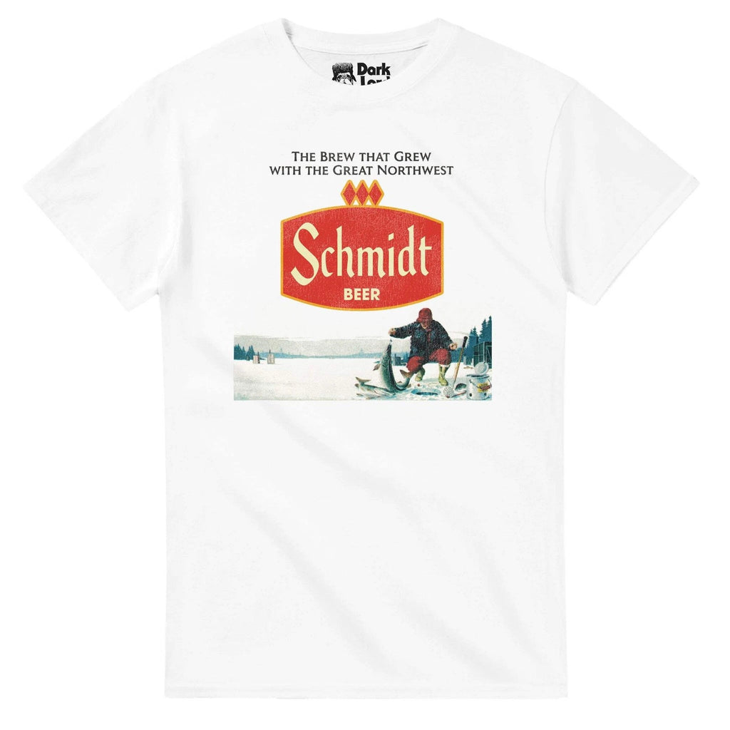 Schmidt Beer Retro Defunct Ice Fishing Nature Scene T-Shirt