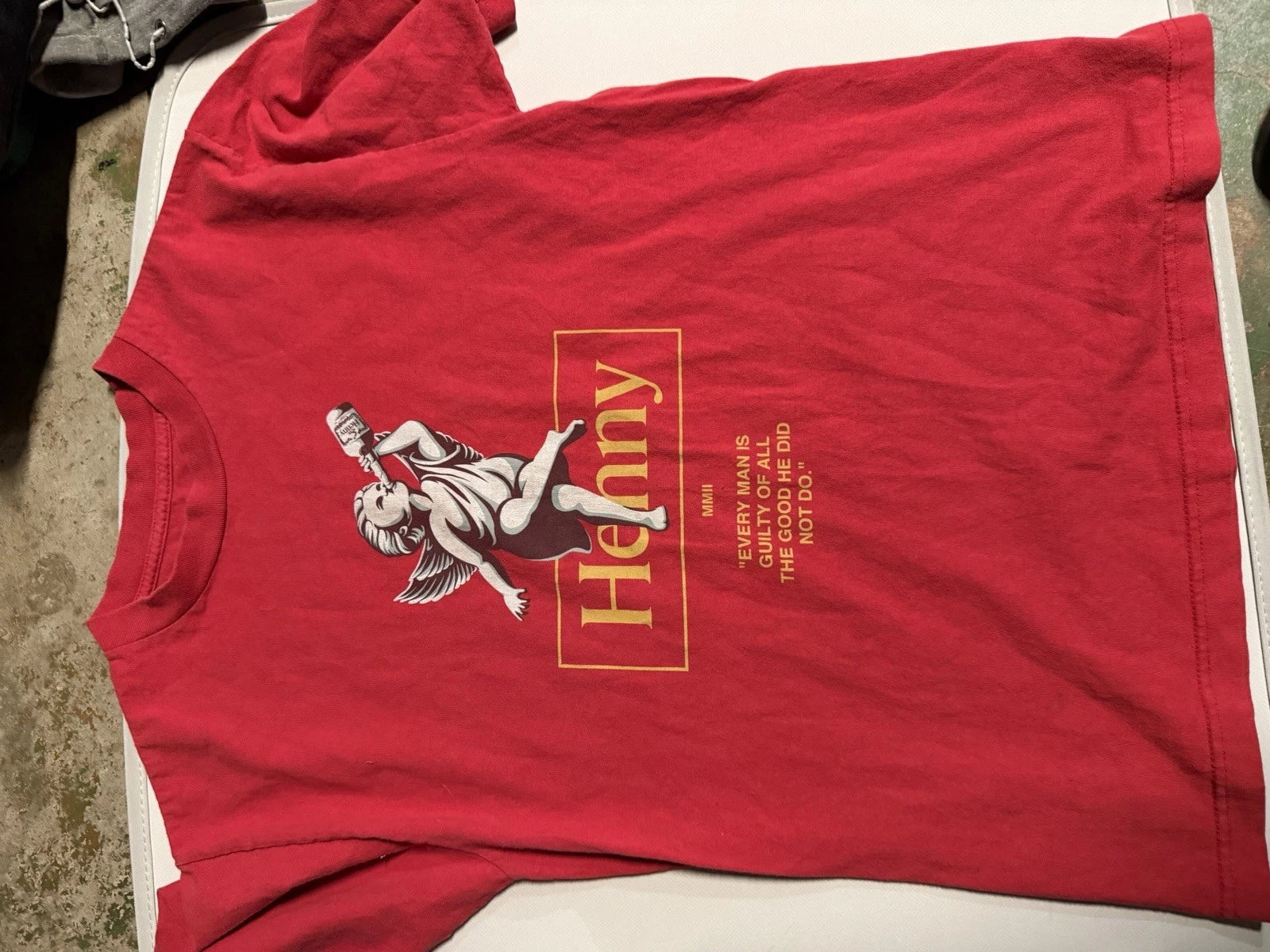 Hennessy Red Graphic T-Shirt Angel Drinking Bottle Breweriana Theme