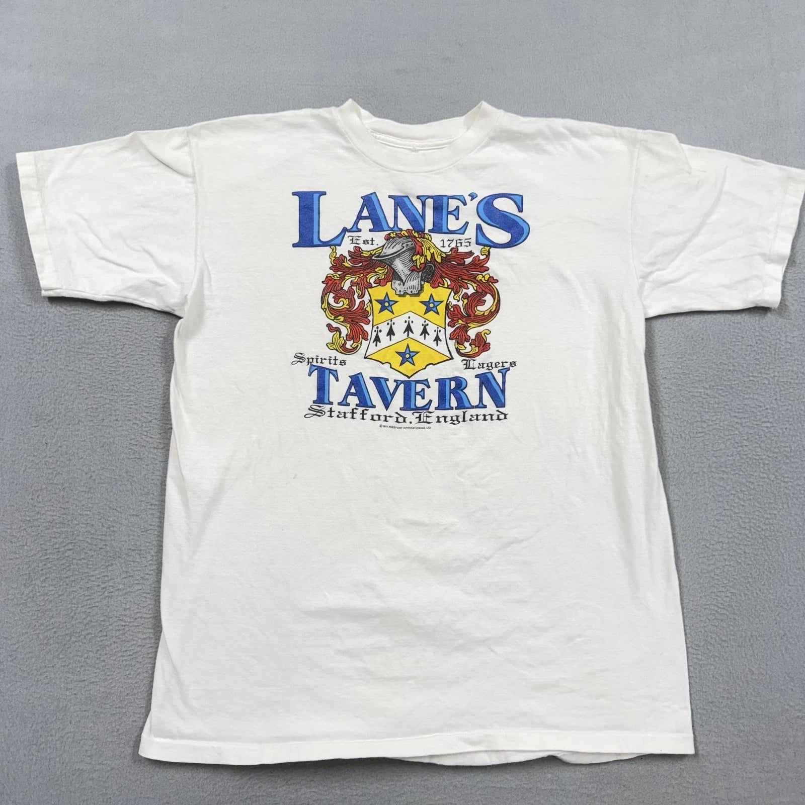 Vintage Lane's Tavern Shirt Mens Medium White Stafford England Graphic Tee 1991