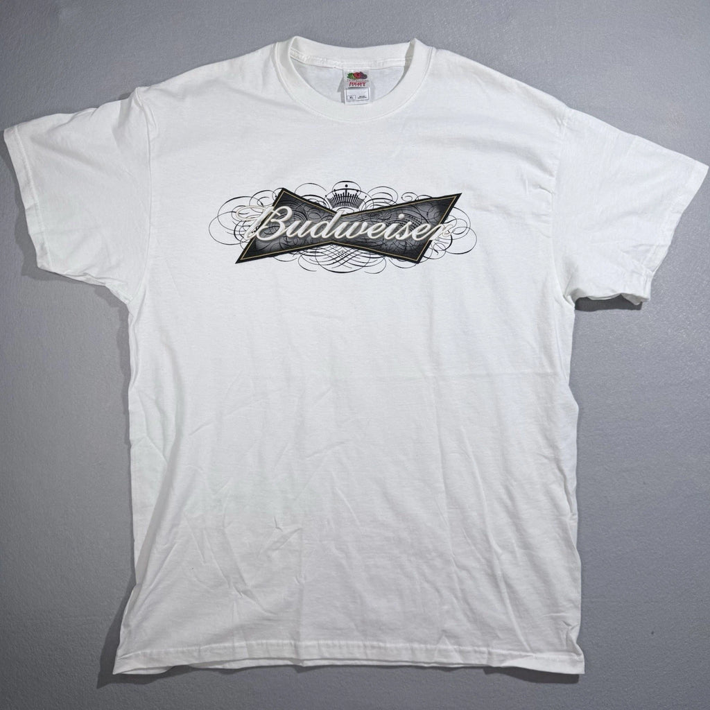 Vintage Y2K Budweiser Filigree White Fruit Of The Loom Heavy Shirt XL Beer Promo