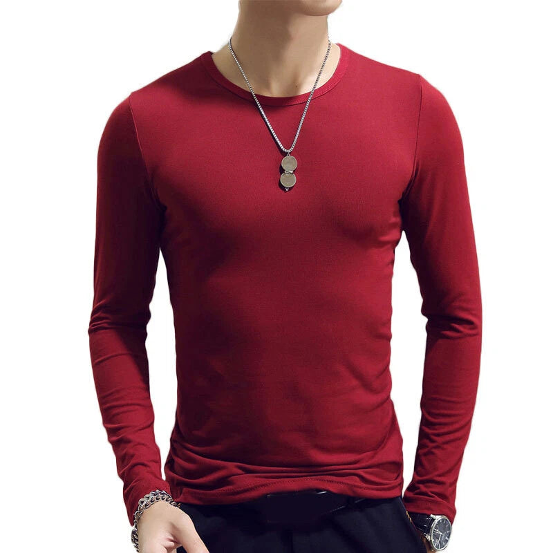 Mens T-Shirt V-Neck Long Sleeve Men T Shirt Cotton T-Shirts Casual Tee Tops ♢