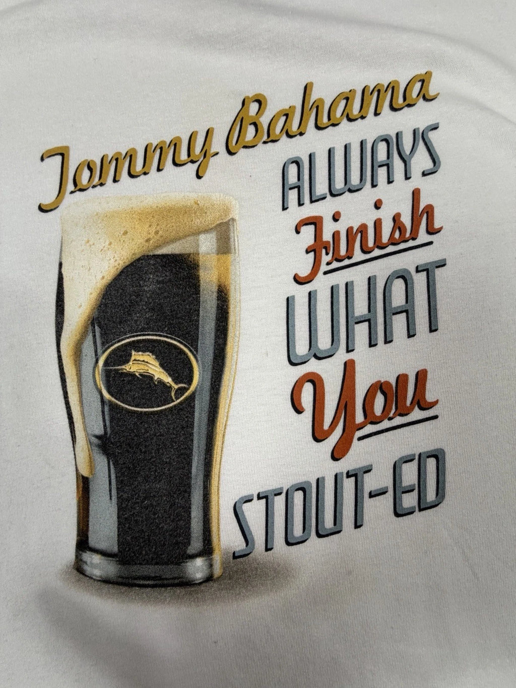 Tommy Bahama XL Shirt Finish What You Stout-ed Stout Beer Beach Fun Drinks White