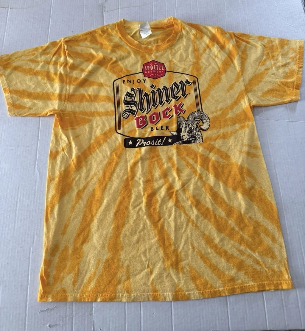 Shiner Bock Beer Spoetzl Yellow Tie Die T-Shirt Mens Large (Used-Excellent)