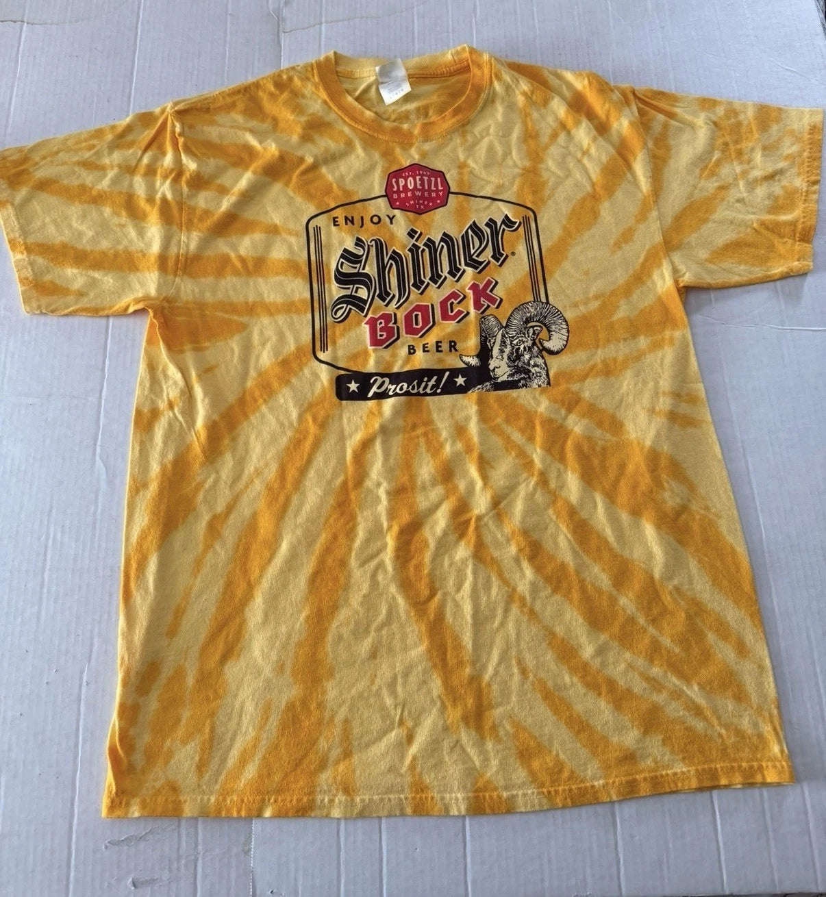 Shiner Bock Beer Spoetzl Yellow Tie Die T-Shirt Mens Large (Used-Excellent)