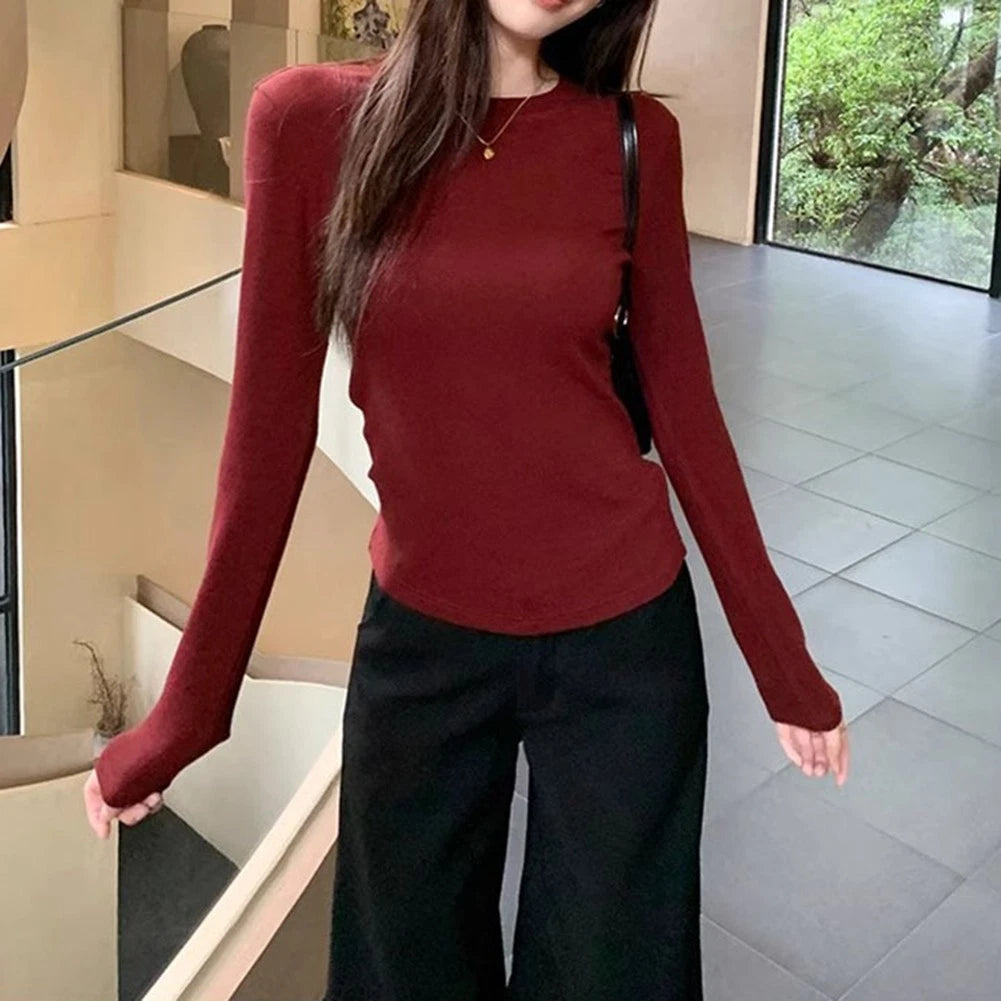 Women's Slim Fit Long Sleeve Crew Neck Tee Top with Polyester Spandex Fabric