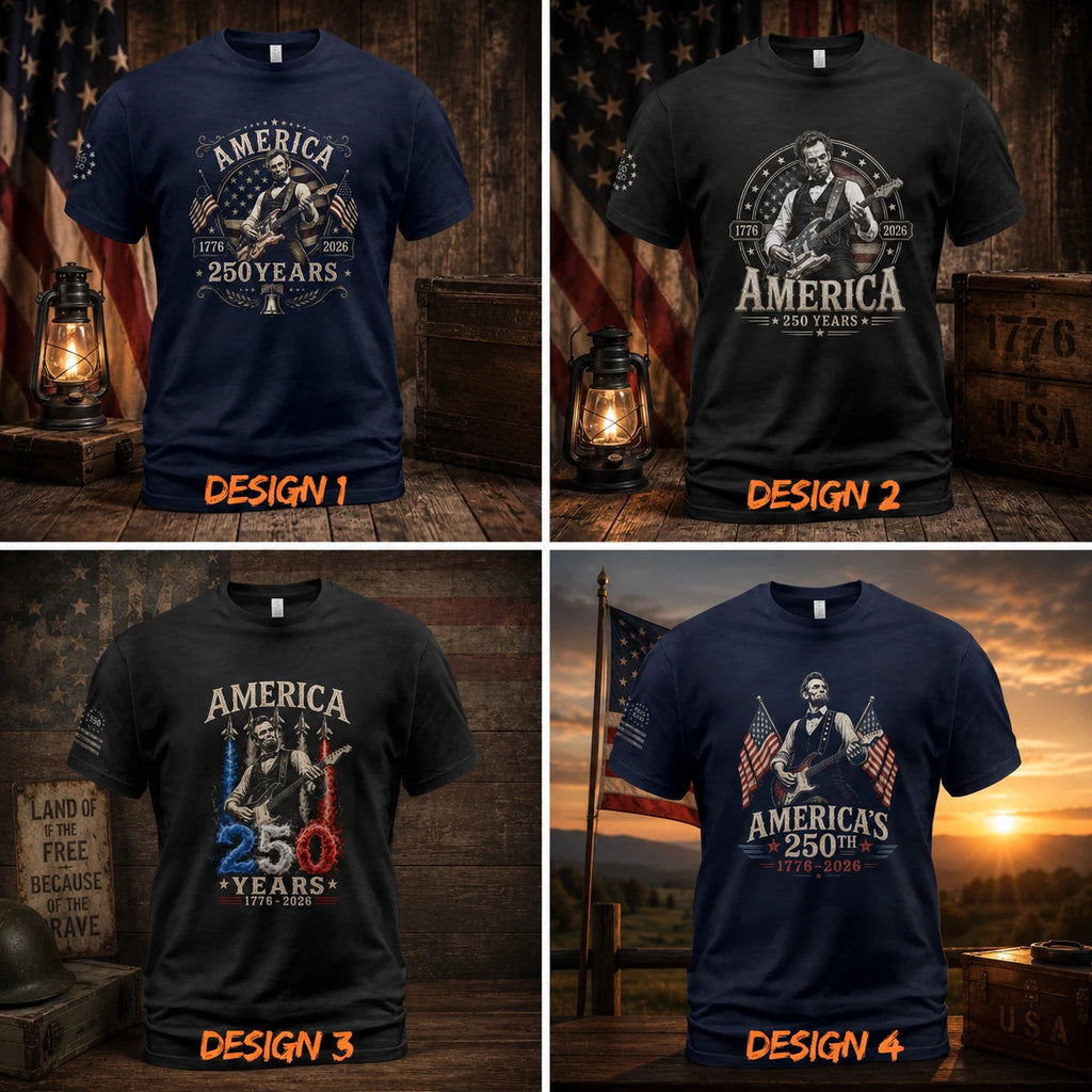 America 250 Years 1776-2026 Patriotic Guitarist T-Shirt Collection Size S-5XL