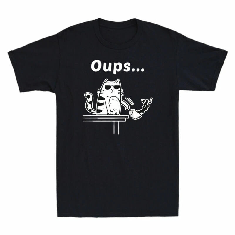 Oups Cotton Short Cool Sleeve Cat Coffee With Men's T-Shirt Funny Cat Sunglasses