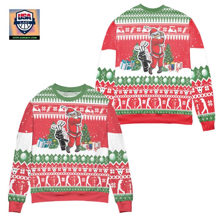 Santa Playing Golf Reindeer Pattern Ugly Christmas Sweater Red