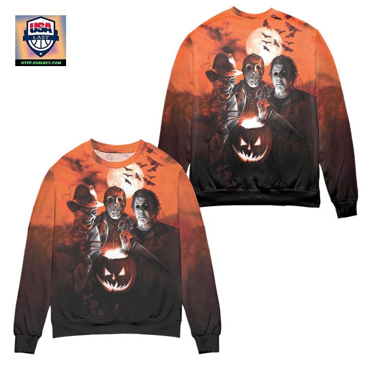 Scary Halloween Horror Characters Ugly Christmas Sweater Orane Black