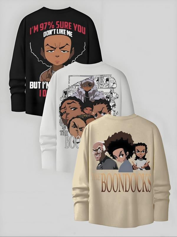Men's Cartoon & Letter Print Long Sleeve Tee, 3 Counts/set Regular Fit Casual Graphic Round Neck T-shirt for Fall, Men's...