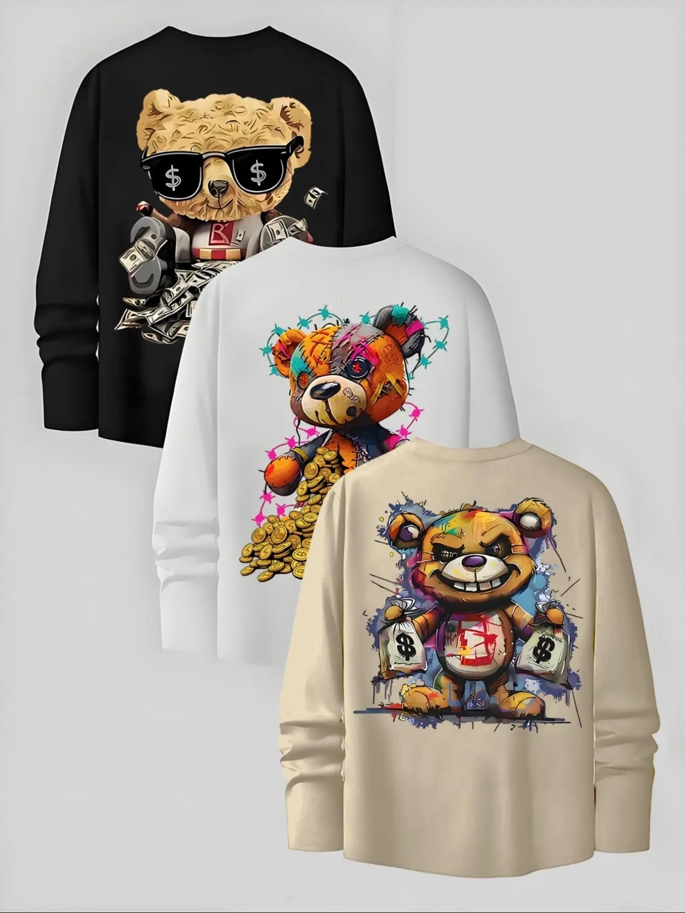 Men's Cartoon Bear Print Long Sleeve Tee (3 Counts/set), Regular Fit Casual Fashion Round Neck T-shirt for Daily Wear,...