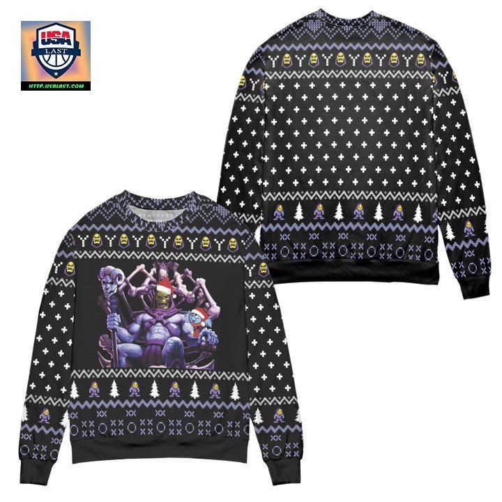 Skeletor And Panthor Art Snowflake Pattern Ugly Christmas Sweater Black