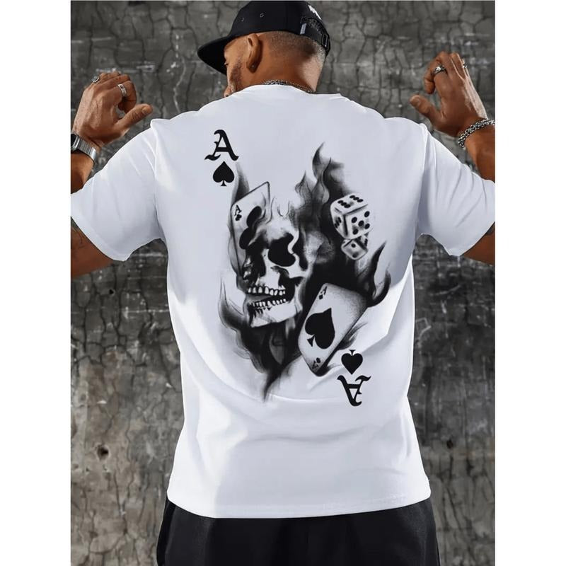 skull dice playing cards graphic tee 100 cotton casual mens t shirt with round neck machine washable white -1 Hoodie,...