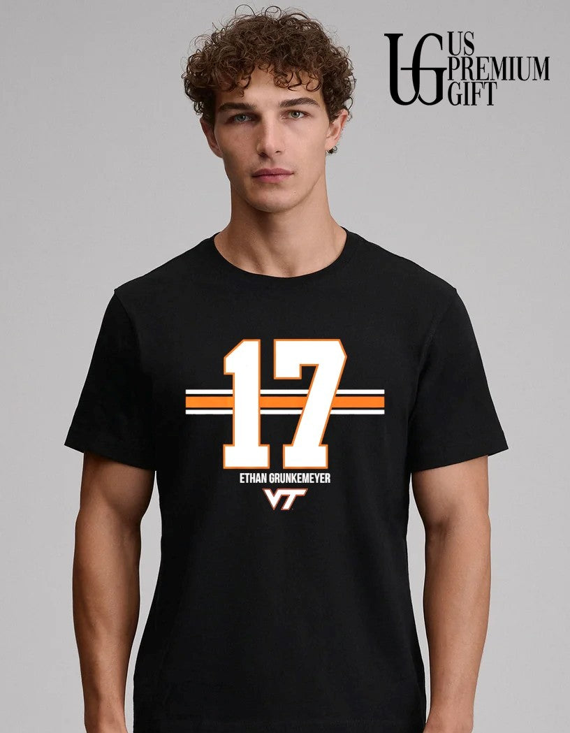 Ethan Grunkemeyer Virginia Tech Hokies Football 17 player Name and Number shirt