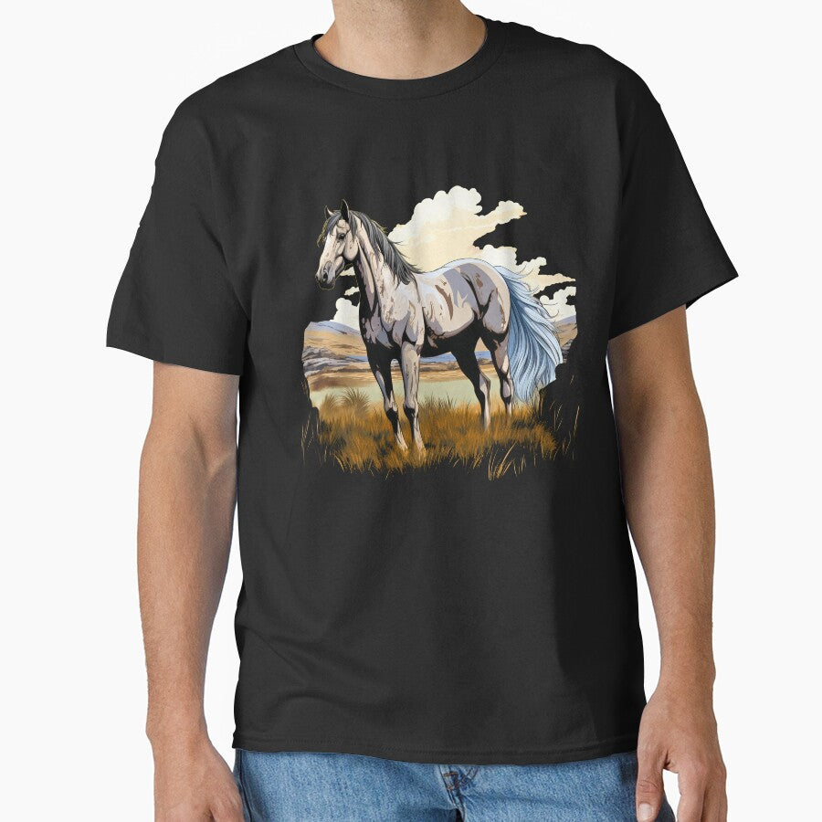 Beautiful grey arabian horse grazing on a country meadow illustration by NBSStore