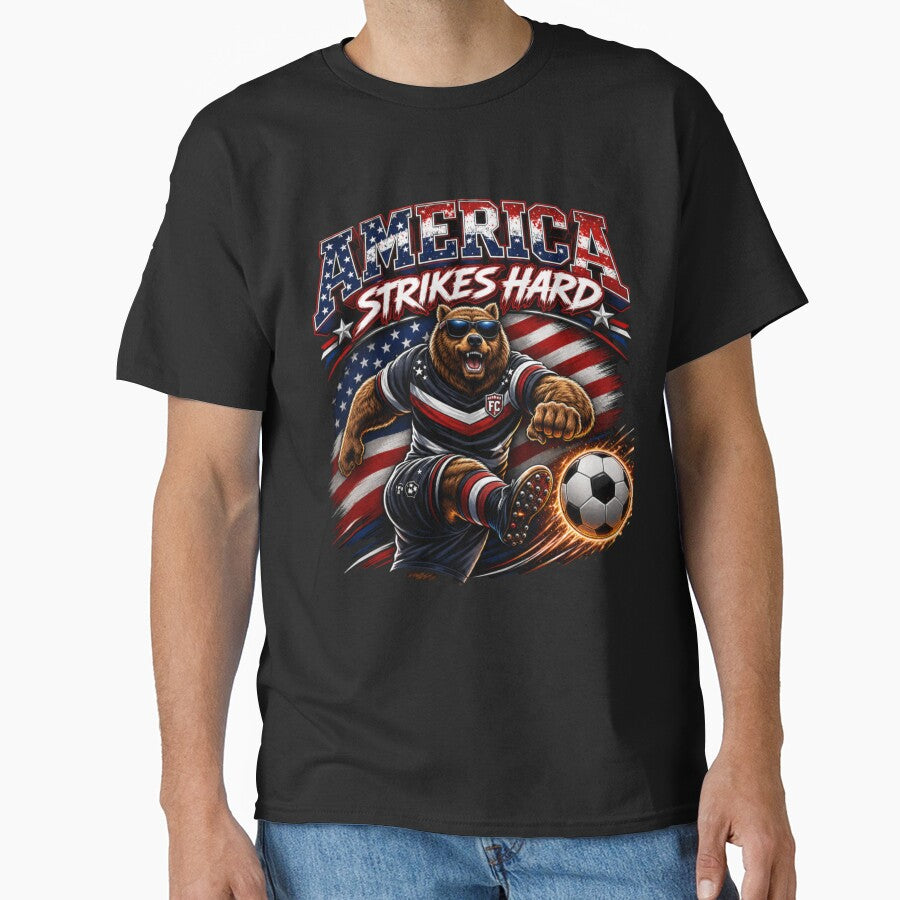 America Strikes Hard Soccer Bear Shirt | Patriotic Sports Mascot Design by Prime legend