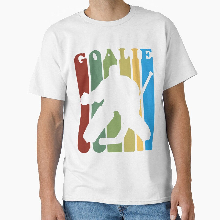 Retro 1970s Style Hockey Goalie Silhouette T-Shirt Goalie Hockey Sport by arcadetoystore