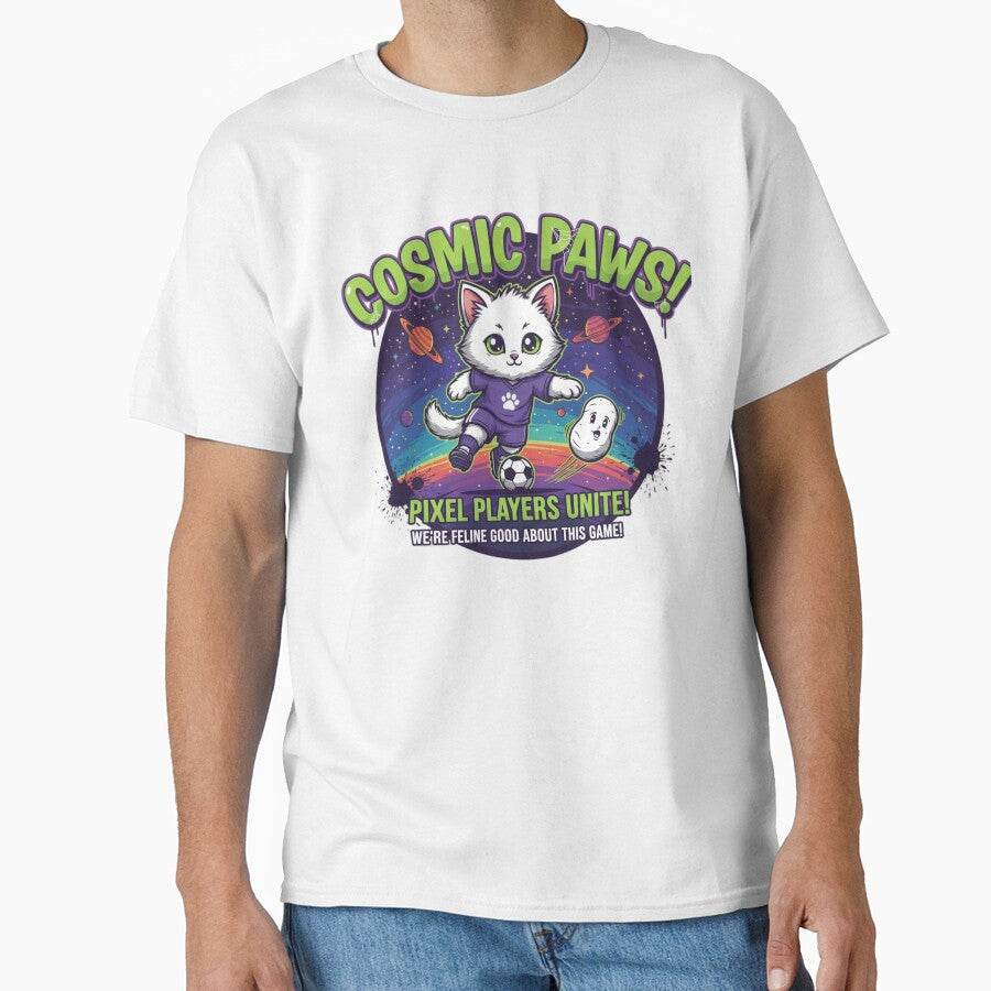 Cosmic Paws Soccer Cat – Cute Space Gamer Pixel Players Unite by Dezyra Clothing