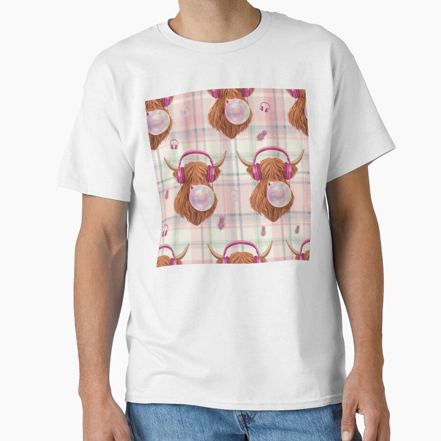 Cute Highland Cow Blowing Bubblegum with Pink Headphones Plaid Pattern by Fabricbella