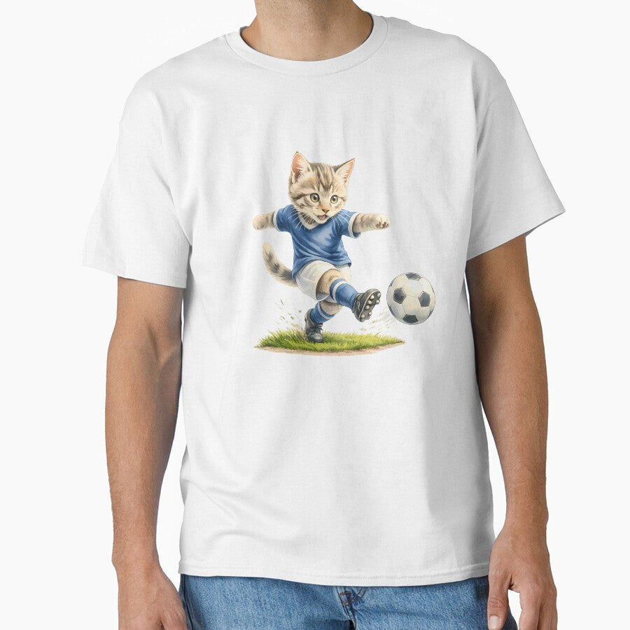 Blue Soccer Tabby Cat T-Shirt – Football Kick Illustration (Crisp Grass Edge) by XingXingJia