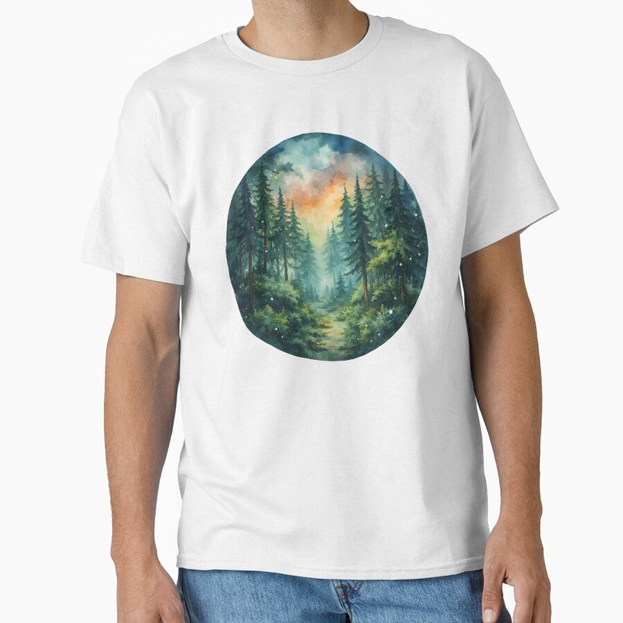 Enchanted Forest Path at Sunset – Watercolor Pine Landscape Art by Senkov