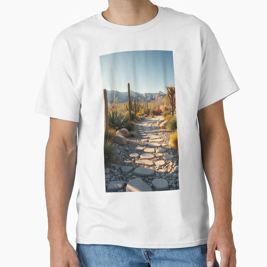 Desert Garden Pathway with Cacti and Mountains by Jade Ado