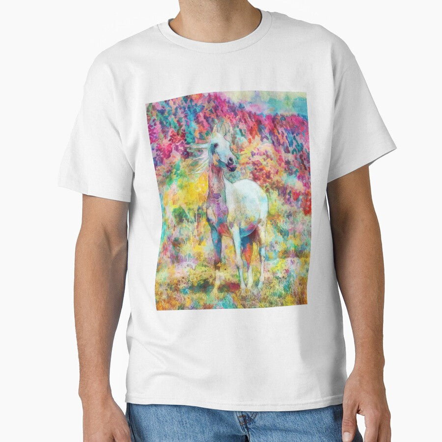 White Arabian horse sitting in front of a mountain forest - warm pastel colors by NickoPrints