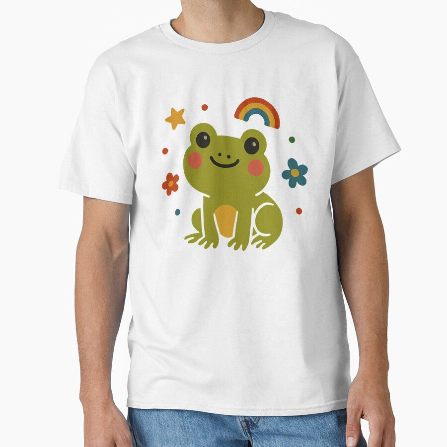 Kawaii Rainbow Frog Smiling Under the Stars – Cute Happy Frog Aesthetic Shirt Design by zeecharmtee