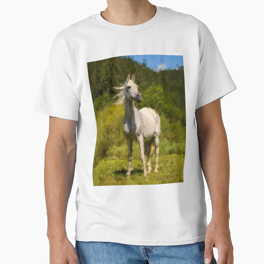 White Arabian horse sitting in front of a mountain forest – digital painting by NickoPrints