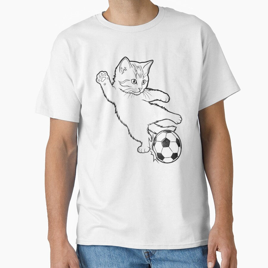 Funny Soccer Cat Kicking Minimalist Line Art Cat Playing Football by BernoNickel