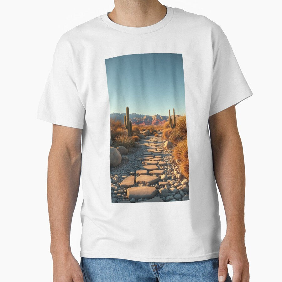 Sunlit Desert Pathway with Cacti and Mountains by Jade Ado