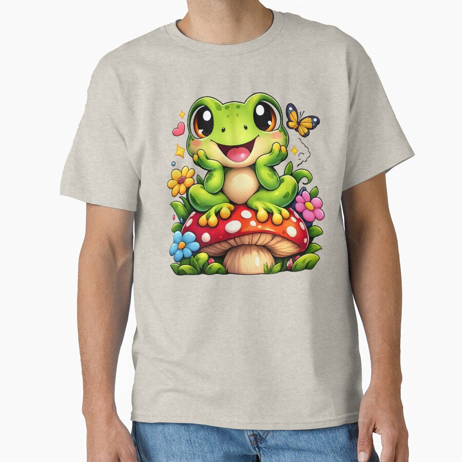 Cute Kawaii Frog Sitting on Mushroom – Happy Frog Cartoon Sticker & T-Shirt by irfanshikh