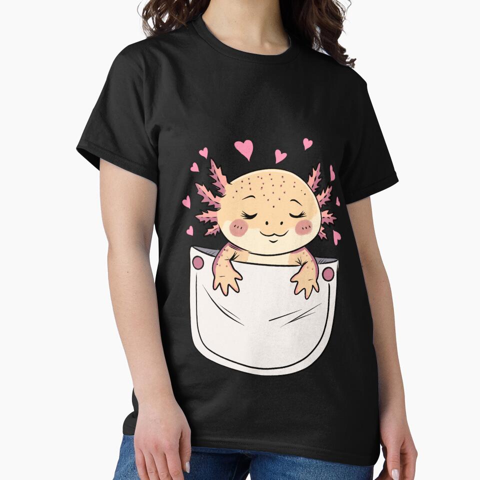 Cute Axolotl in Pocket T-Shirt – Kawaii Pocket Axolotl with Hearts – Adorable Axolotl Lover by SimoesArtistry