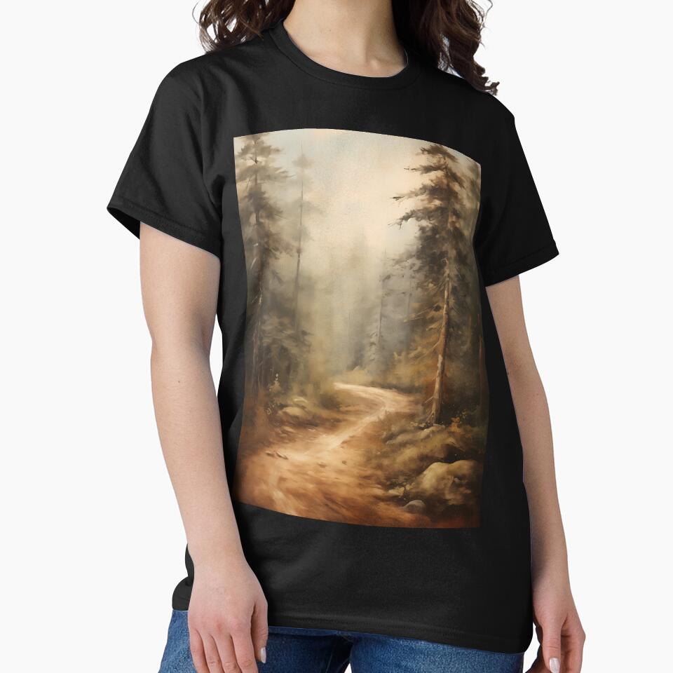 Deep in the forest, woodland path surrounded by trees brush stroke painting by NBSStore