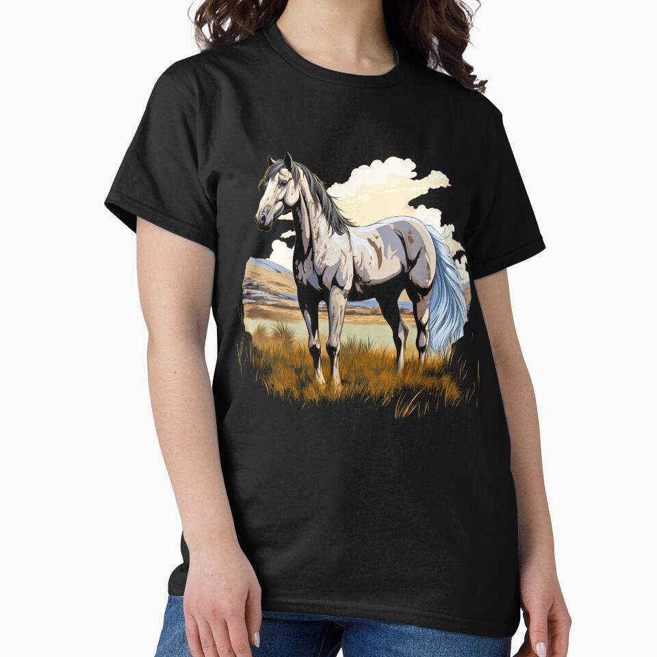 Beautiful grey arabian horse grazing on a country meadow illustration by NBSStore