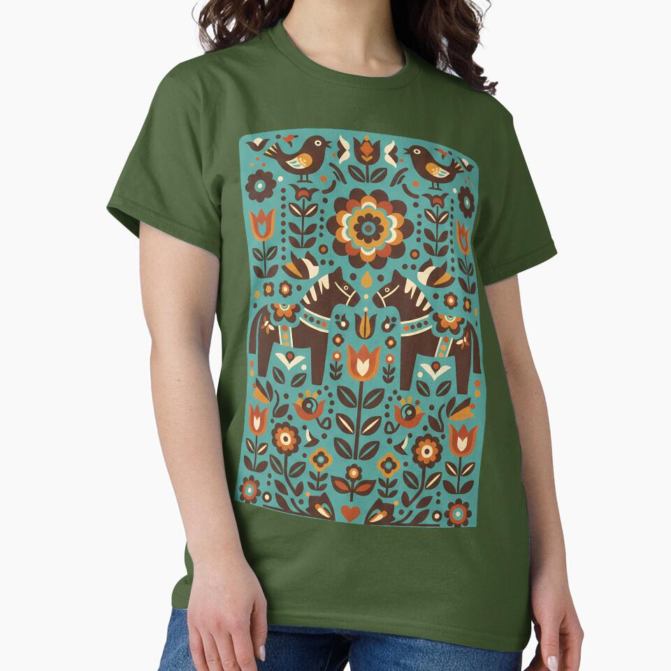 Teal Dala Horse Pattern – Scandinavian Folk Art Fusion by heidiannemorris © by FOLK ART FUSION by heidiannemorris