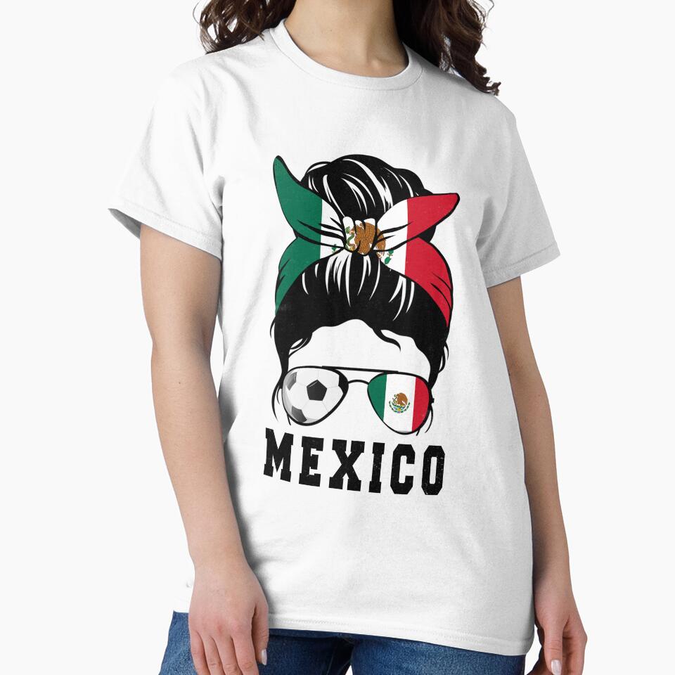 Mexico Soccer Girl Mom Messy Bun Flag Football Fan by JonCook94